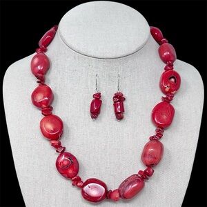 Red Coral Chunky Beaded Necklace Earrings Set